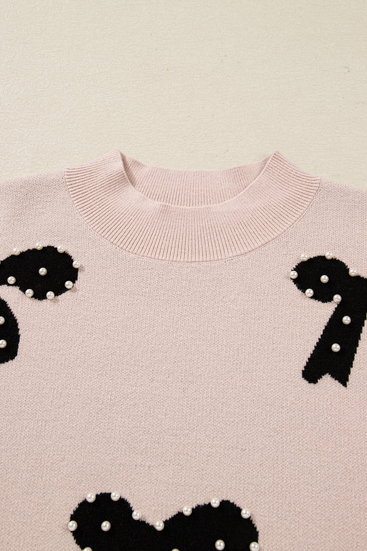 Smoke Gray Pearl Embellished Bow Pattern Loose Sweater 1d93a98d86523361