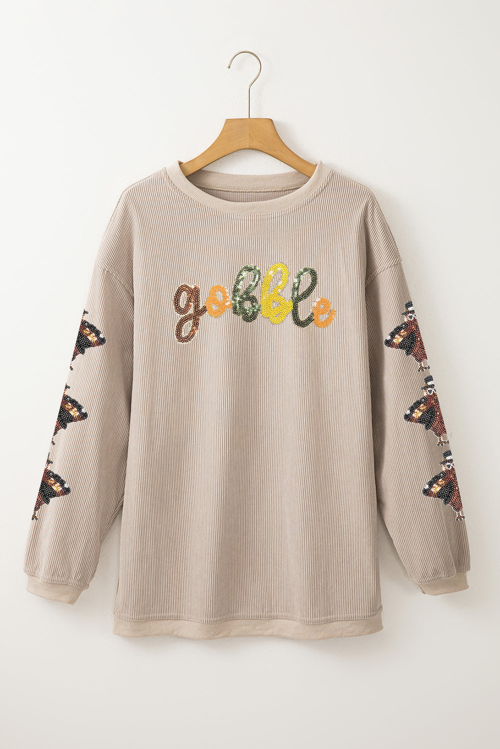 Smoke Gray gobble Turkey Sleeve Sequins Patch Corded Baggy Sweatshirt 1d951407bdcf75aa