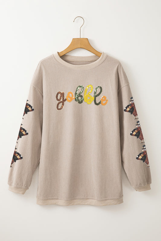 Smoke Gray gobble Turkey Sleeve Sequins Patch Corded Baggy Sweatshirt 1d951407bdcf75aa