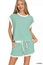 Zenana Stripe Contrast Trim Top & Shorts Set K GREEN 1d9f4c2bc3114f66b441c266b9235f3a-Max-Origin
