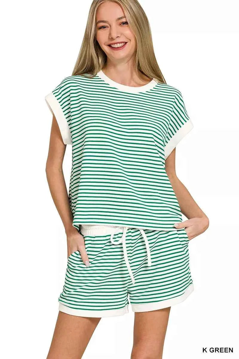 Zenana Stripe Contrast Trim Top & Shorts Set K GREEN 1d9f4c2bc3114f66b441c266b9235f3a-Max-Origin