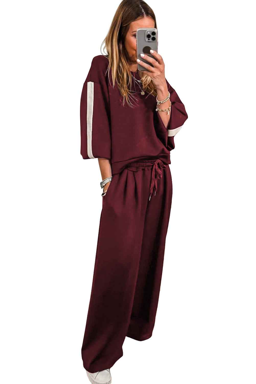 Burgundy Varsity Striped 3/4 Sleeve Pullover Drawstring Sweatpants Set 1d9fab314579e8ca