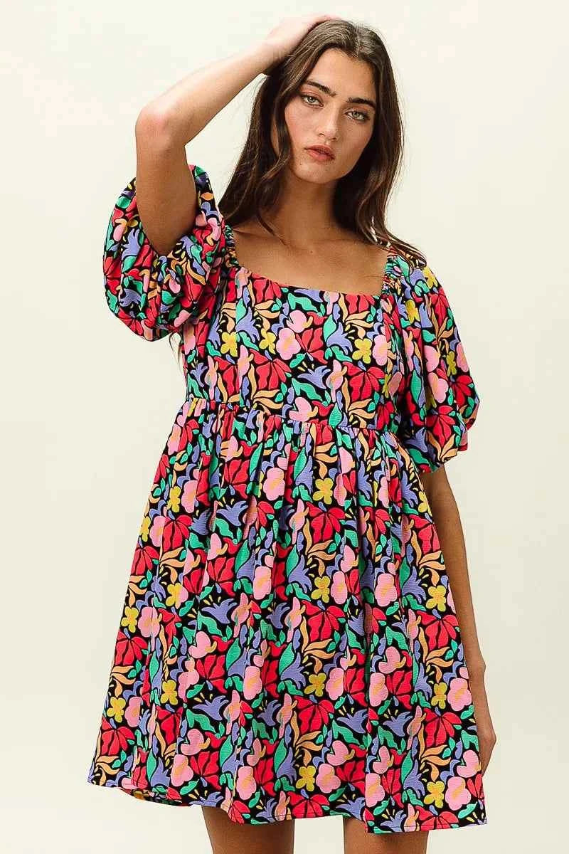 Floral Print Puff Square Neck Dress 1da0c2496ed3426887535ecc6f37f511-Max-Origin