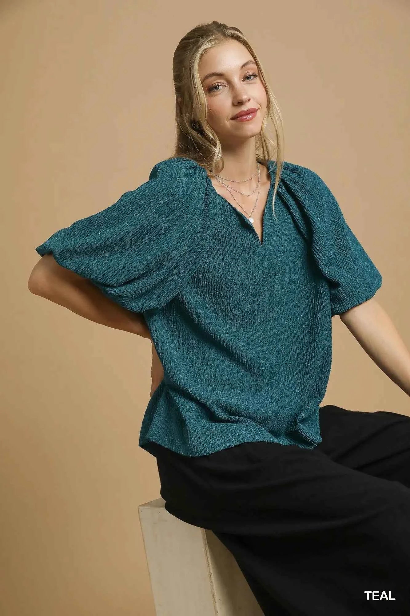Umgee Textured Flutter Sleeve Notch Neck Top 1da23a5c-1e3a-44a6-bc06-ed3c391f351b-Max-Origin