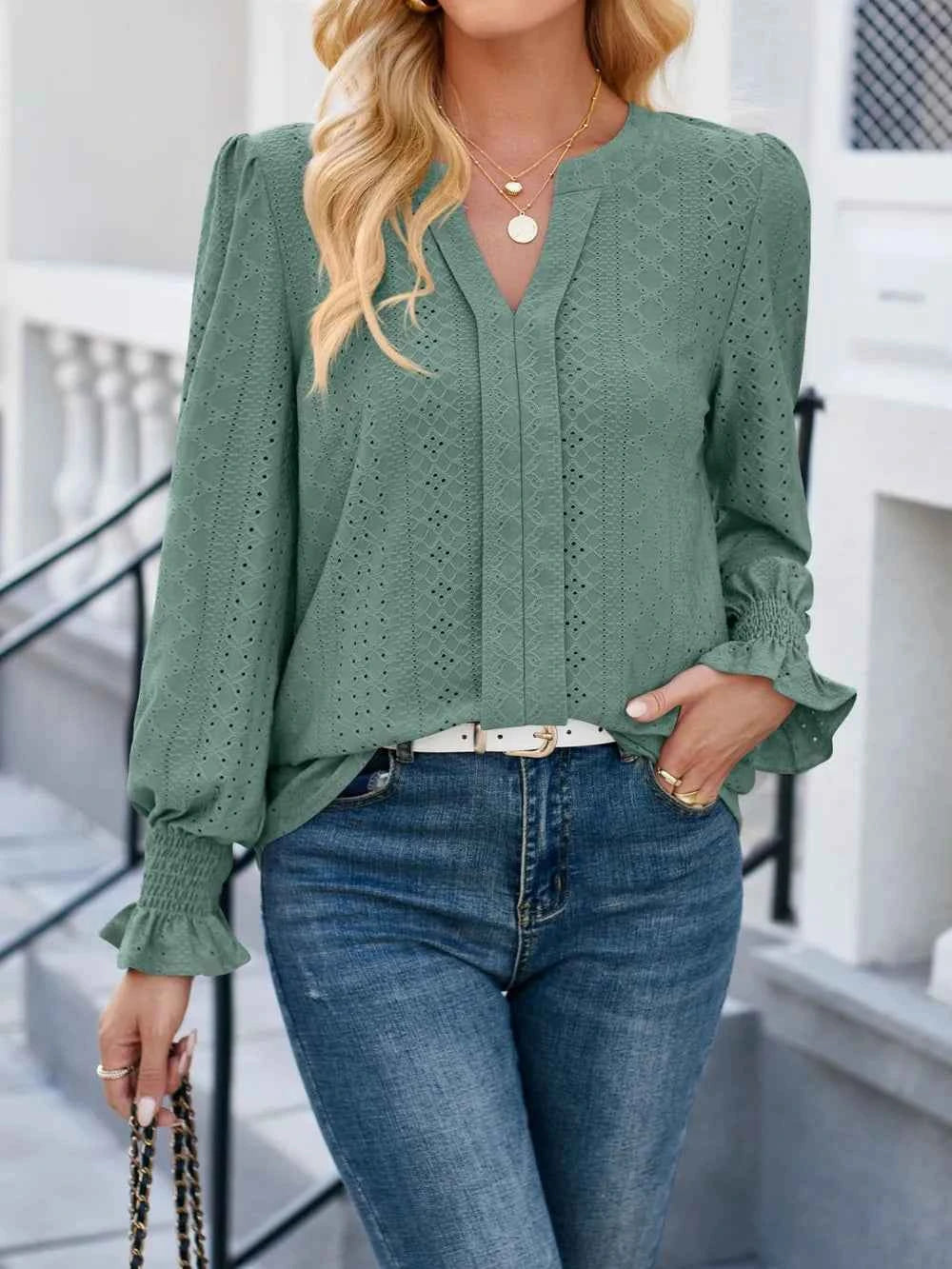 Lovelet Eyelet Notched Flounce Sleeve Blouse Teal 1da3def8-f932-4b67-b545-9bbb10d0da15-Max