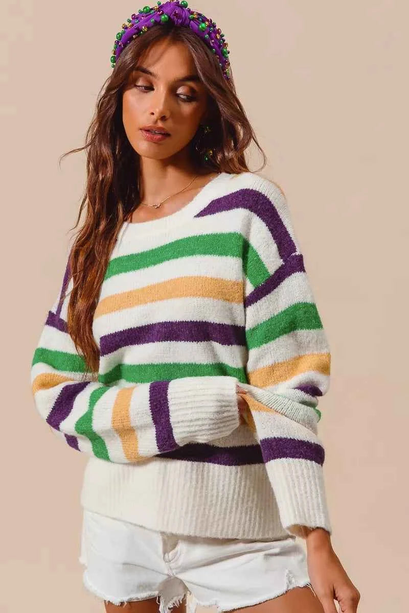 SO ME Mardi Gras Color Stripe Round Neck Sweater Top 1da92a55375d4822ab88dc39d0693e72-Max-Origin