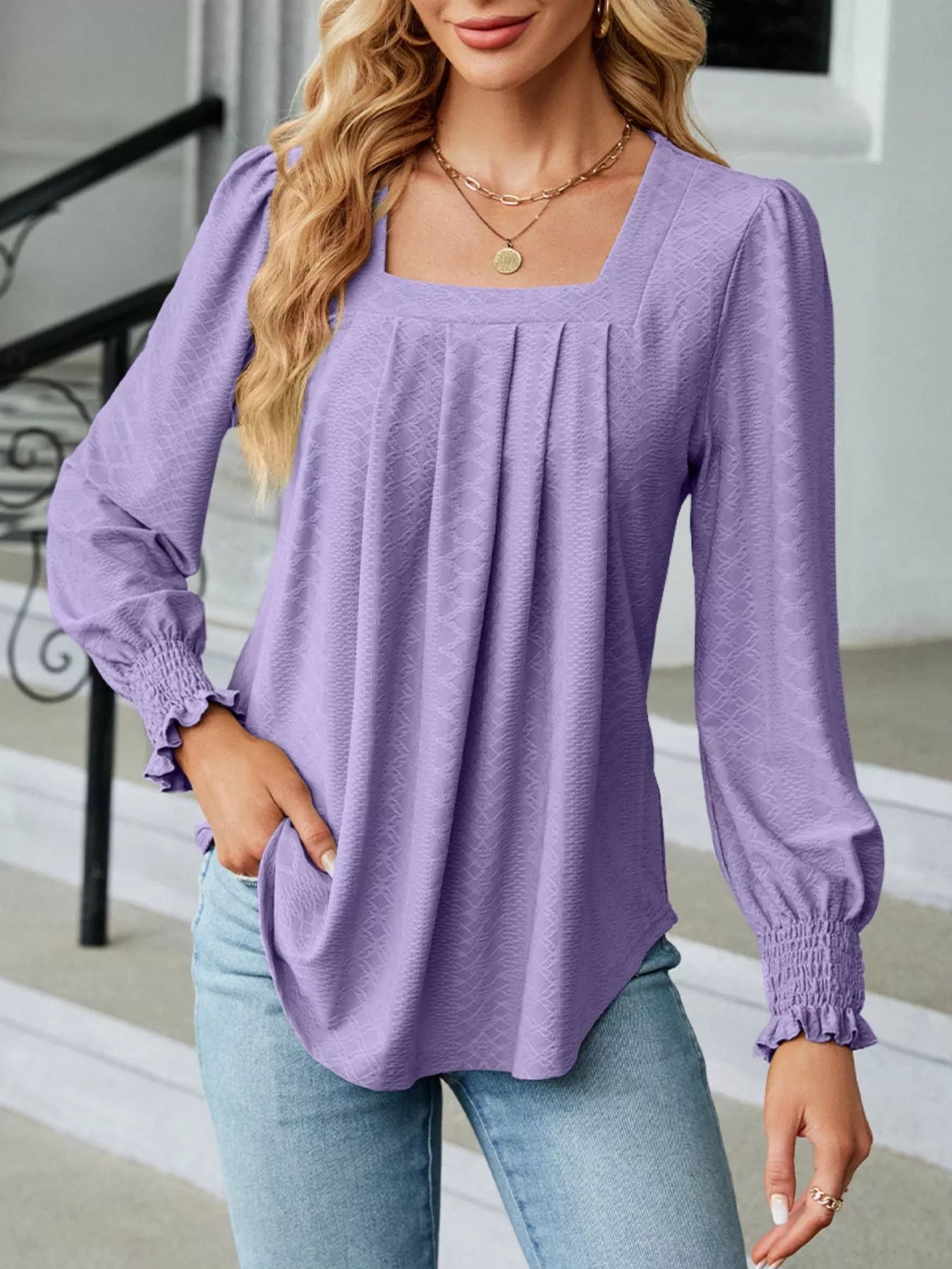 Pleated Square Neck Long Sleeve Top Lavender 1dab98b1-fda7-4476-8b70-8e400f2ad345-Max-Origin