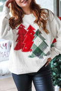 White Pearl Plaid Christmas Tree Patched Drop Shoulder Sweatshirt White 65%Polyester+35%Cotton 1db4bf7eaa87ddb3