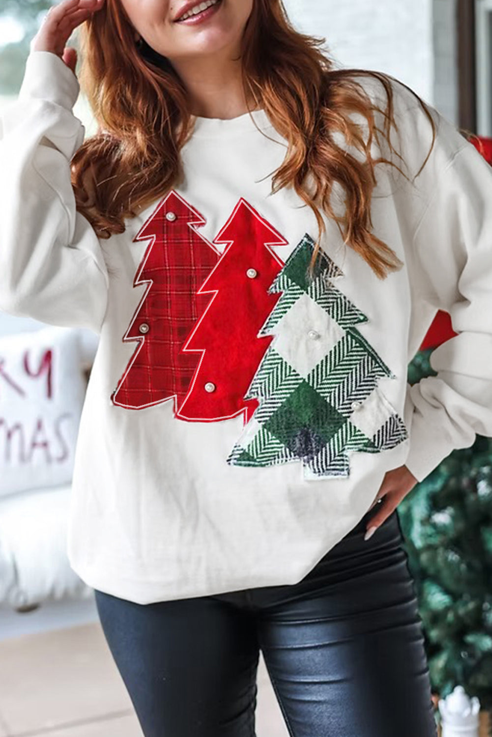 White Pearl Plaid Christmas Tree Patched Drop Shoulder Sweatshirt White 65%Polyester+35%Cotton 1db4bf7eaa87ddb3