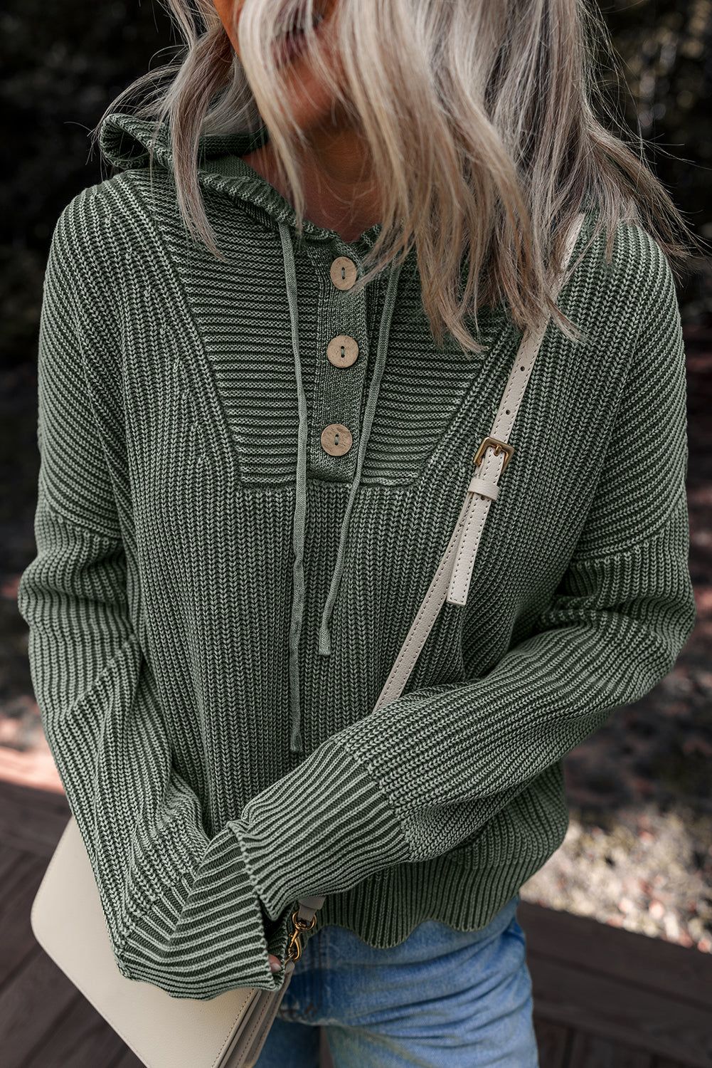 Mist Green Mineral Wash Ribbed Knit Drawstring Hooded Sweater 1db8c1a2b258b9e2
