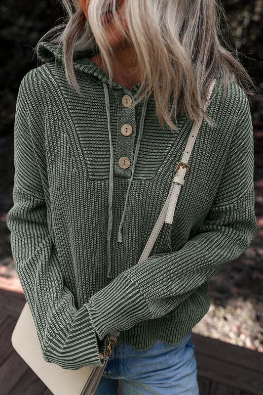 Mist Green Mineral Wash Ribbed Knit Drawstring Hooded Sweater 1db8c1a2b258b9e2