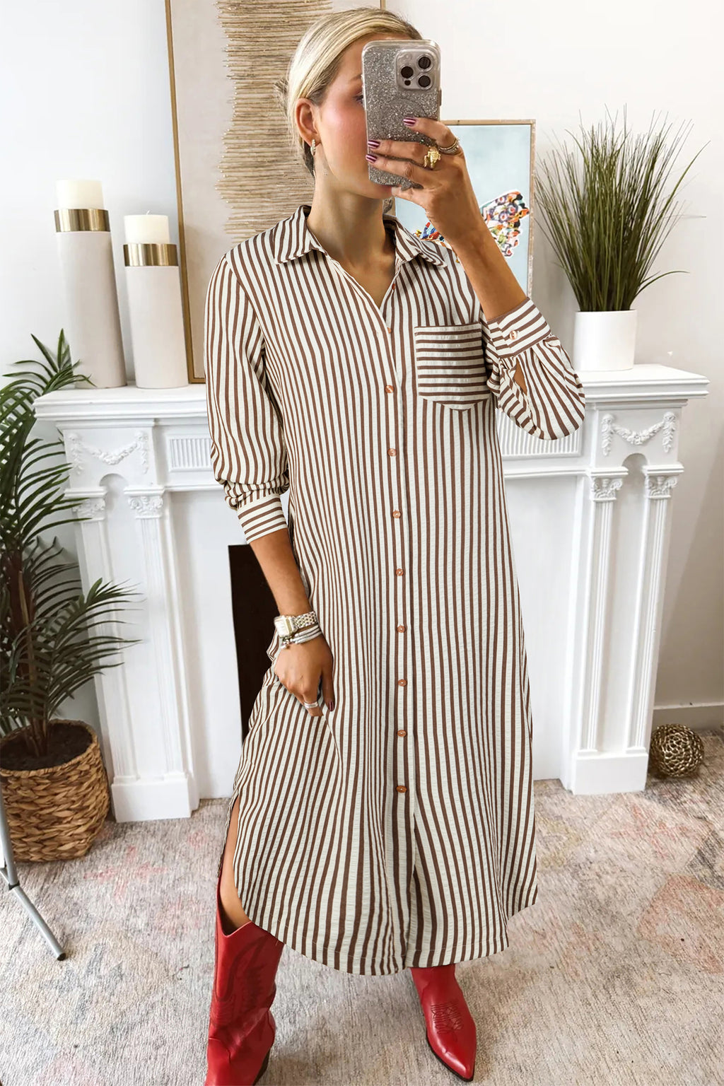 Brown Stripe Textured 3/4 Sleeve Round Hem Split Midi Shirt Dress 1dbd198d328d25e1