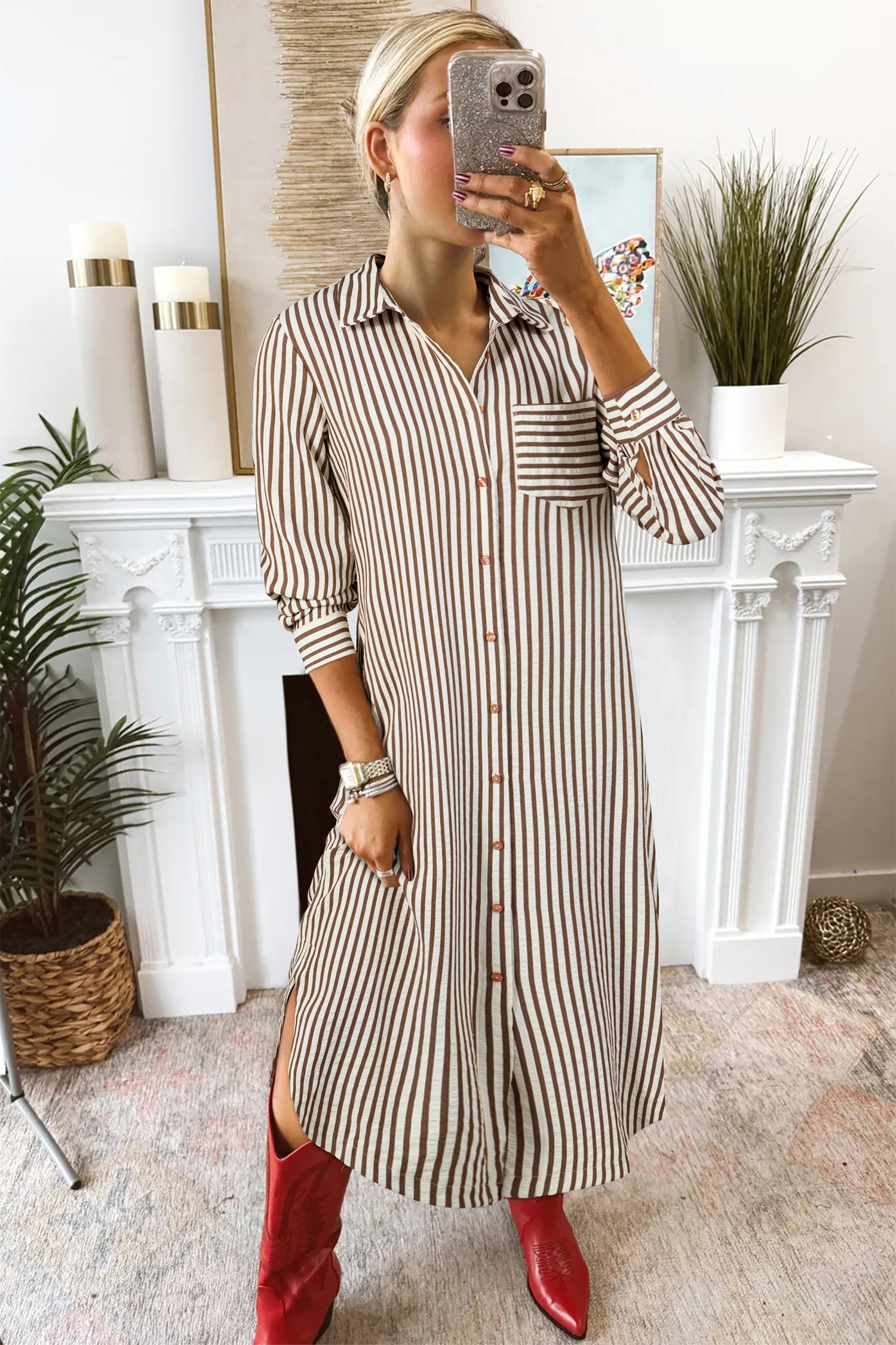 Brown Stripe Textured 3/4 Sleeve Round Hem Split Midi Shirt Dress 1dbd198d328d25e1
