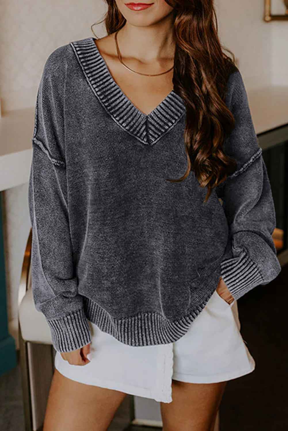 Black Mineral Wash V Neck Knit Exposed Seam Drop Shoulder Loose Sweater Black 100%Cotton 1dc172e548c0bcbc