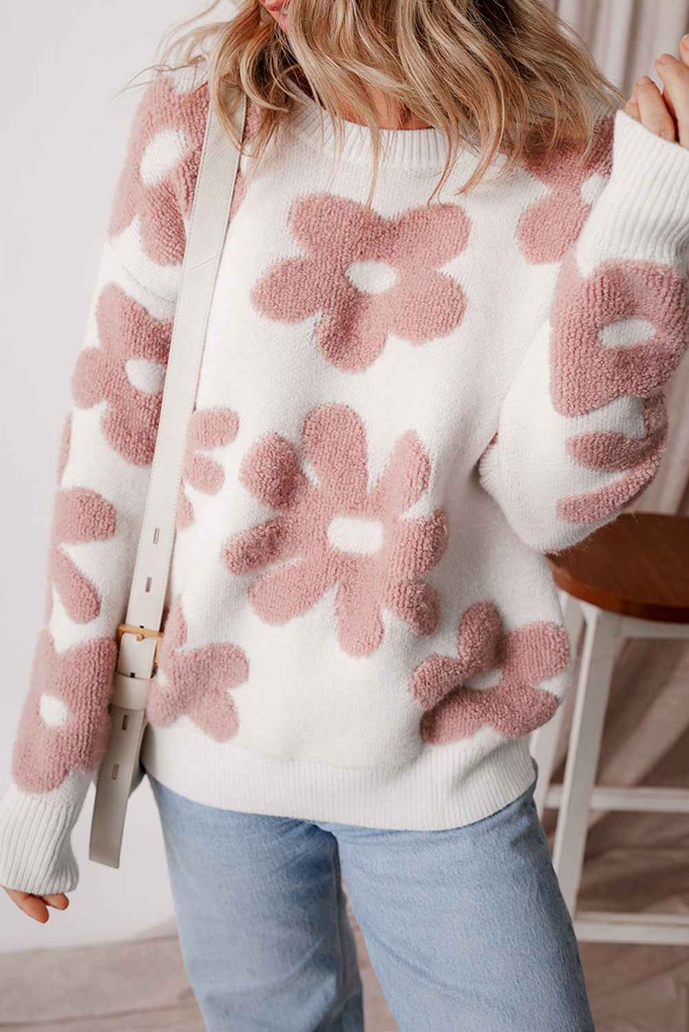 White Vintage Flower Drop Shoulder Loose Sweater 1dc96bef8a8949dc