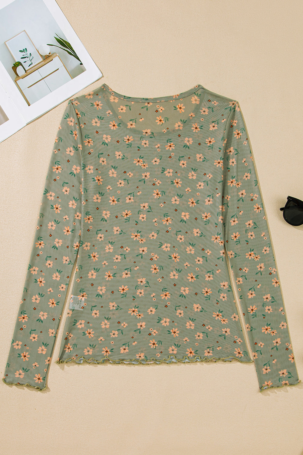 Laurel Green Vintage Floral Print Mesh Slim Fit Long Sleeve Top 1dd40f4ba194ee78