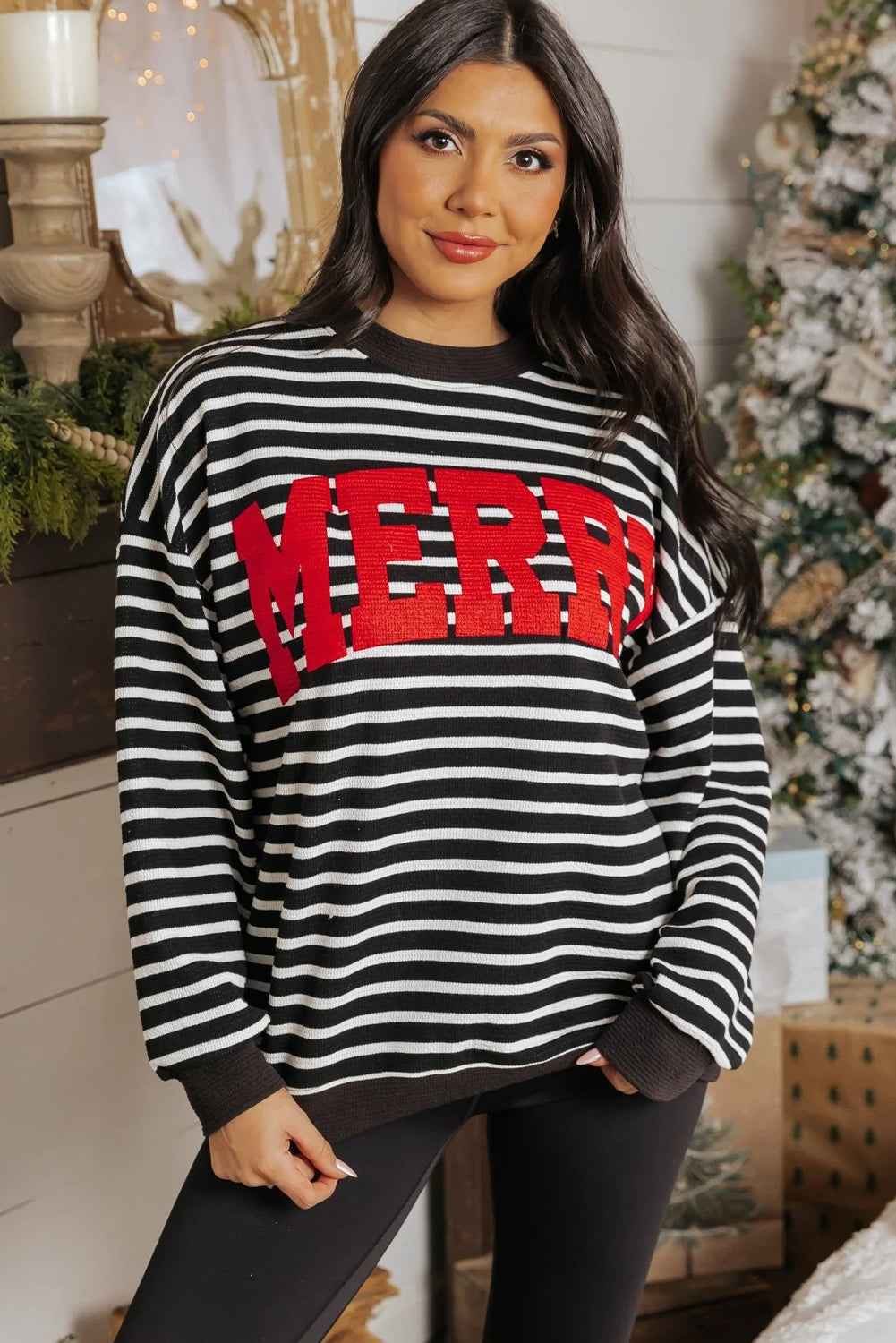 Black Stripe MERRY Letter Print Christmas Sweatshirt 1dd4c53a5bce3a0d