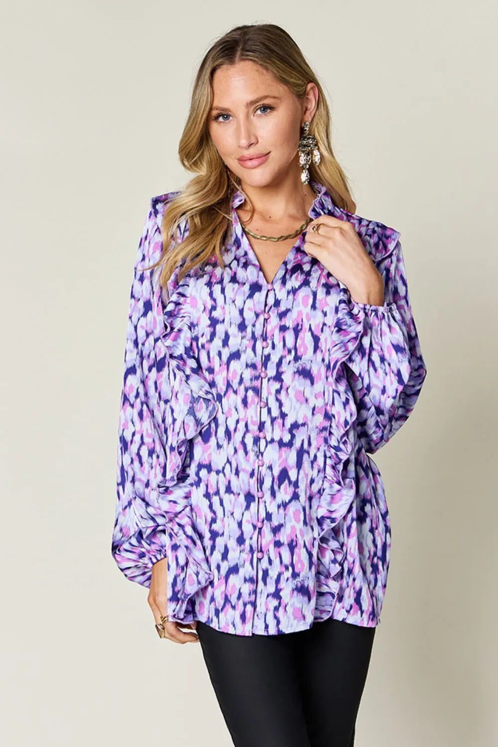 Double Take Full Size Printed Ruffle Trim Balloon Sleeve Shirt 1dd5ac84-58da-4d97-9c22-9883fcc32c3d-Max
