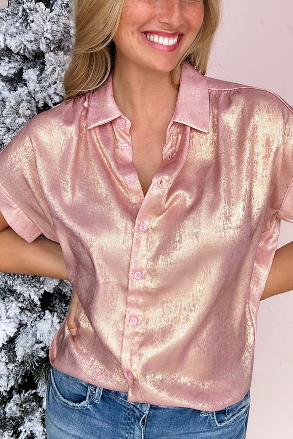 Delicacy Metallic Buttoned Loose Fit Short Sleeve Shirt 1dd87bf0231d6af0