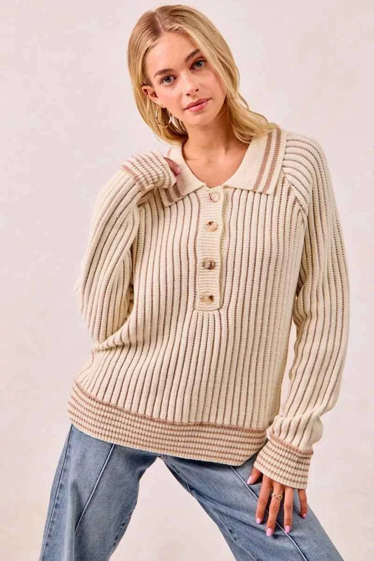 BiBi Half Button Ribbed Two Tone Sweater 1de1a05d110941c490f20fb3201f5951-Max-Origin