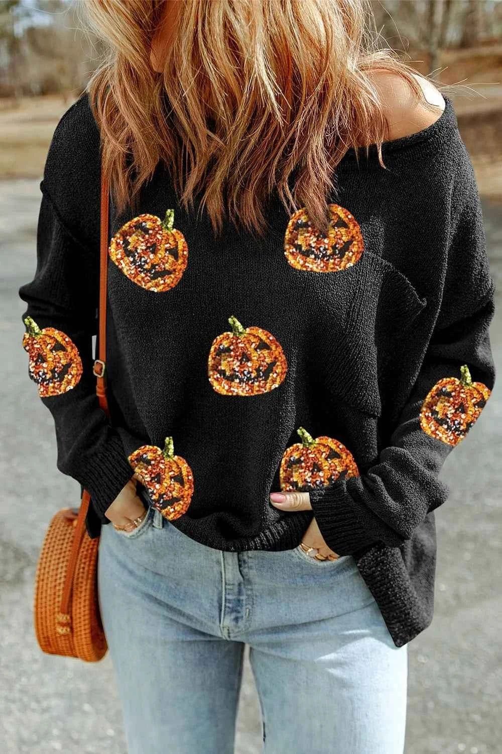 Pumpkin Round Neck Long Sleeve Knit Top Black 1de3e512-45cf-443a-b1ac-69e81ce552c6-Max