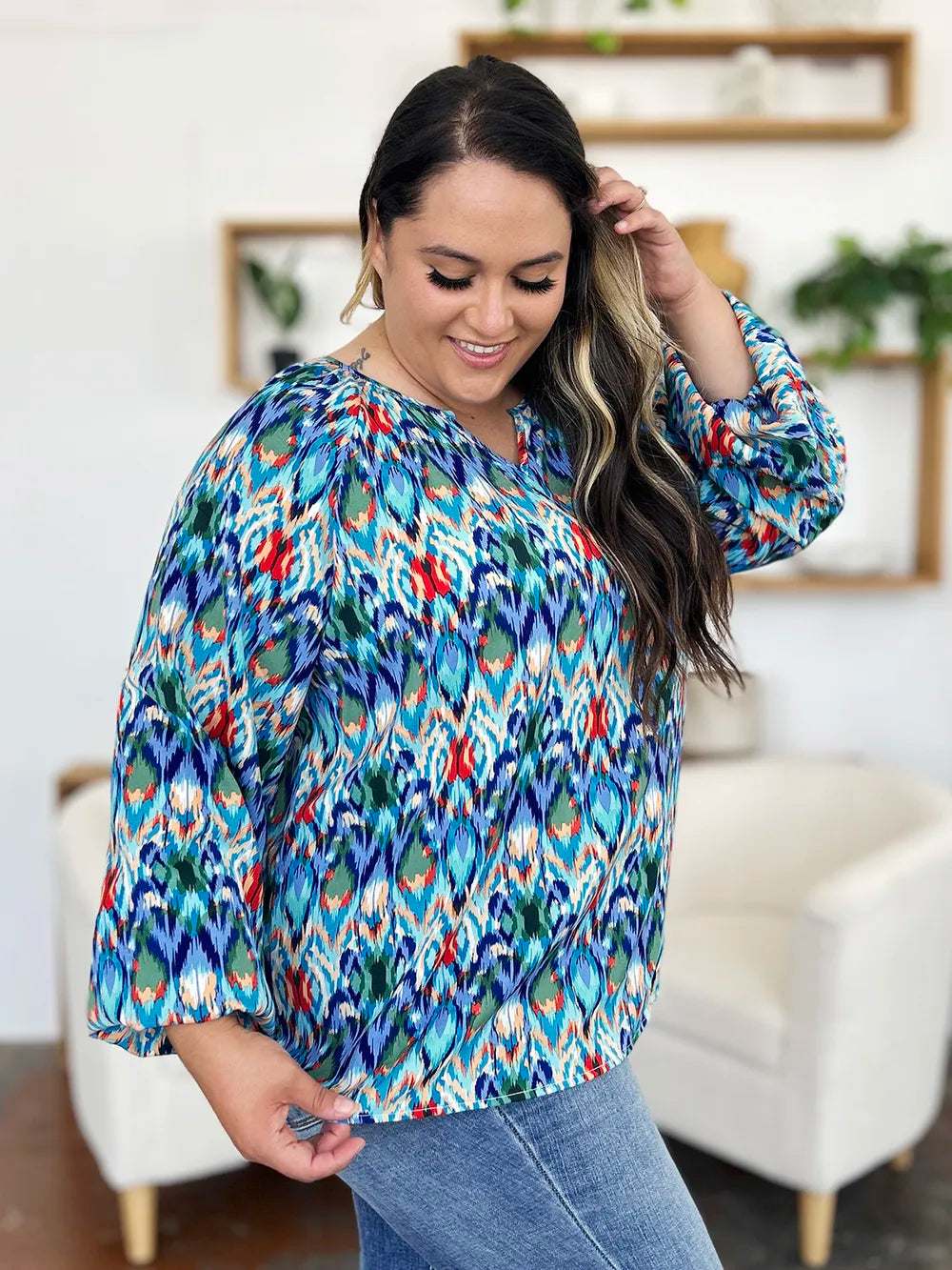 Double Take Full Size Printed Balloon Sleeve Blouse 1de41dcc-9621-492f-915c-306407fccc28-Max