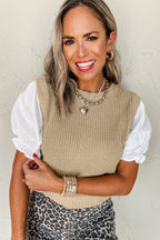 Light French Beige Round Neck Knit Contrast Short Sleeve Patchwork Sweater Top 1de4d4626aa6e416