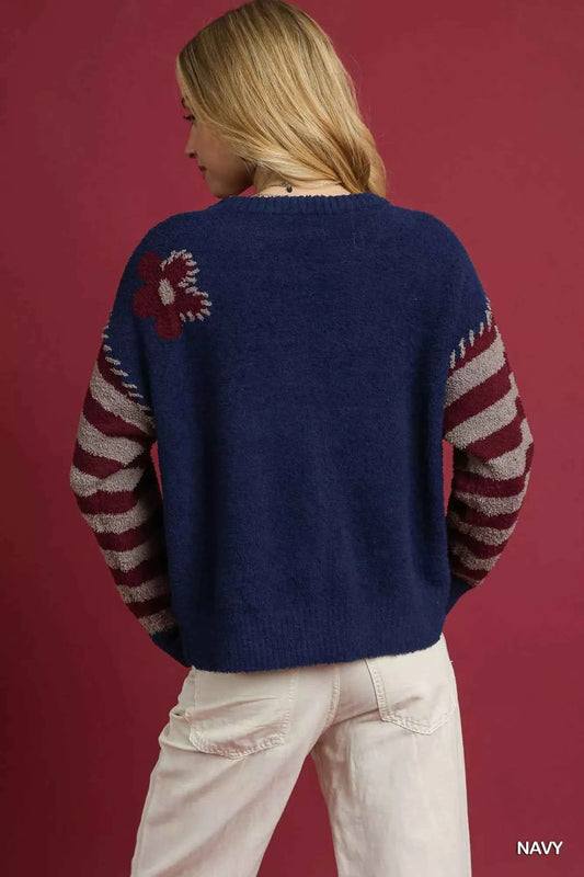 Flower Jacquard Striped Long Sleeve Sweater 1de8c951-47f0-4ade-999b-31003e87cd5f-Max-Origin