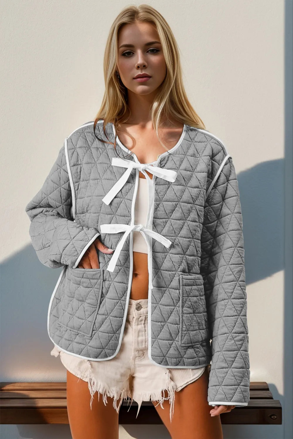Double Take Contrast Trim Tie Front Quilted Jacket with Pockets Gray 1deb459e-d4c4-49cb-814f-cf5f4ed8b1a7-Max