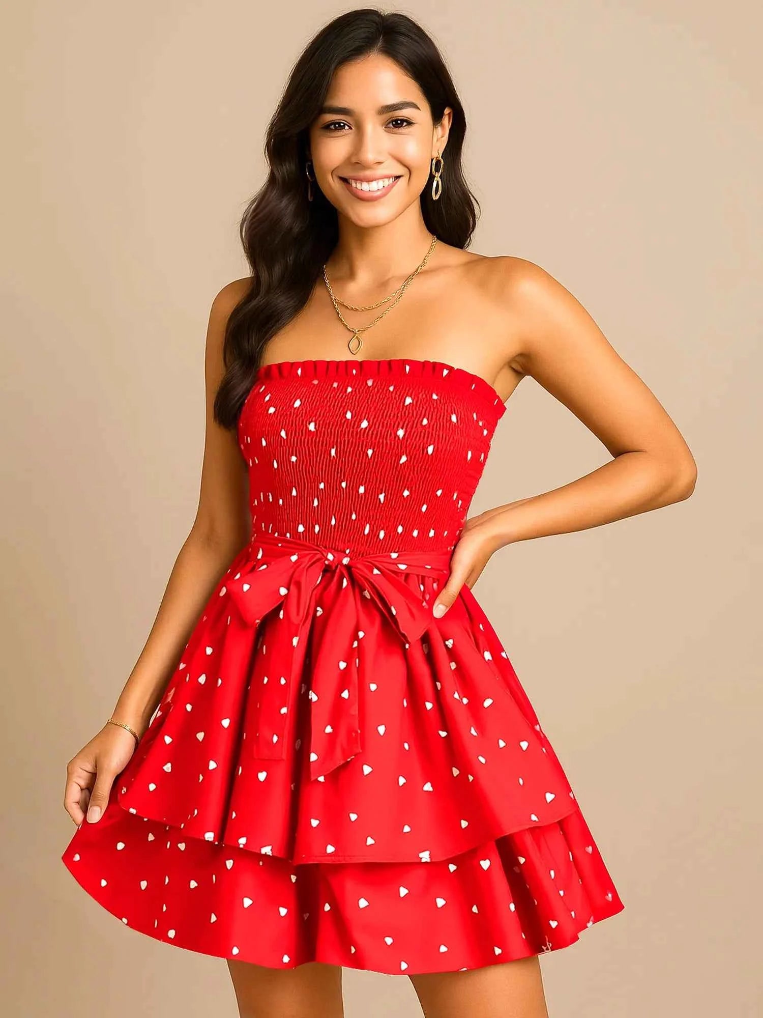 Smocked Heart Print Tube Dress Red 1deb4cb8-e3b1-4d27-a85a-c2c72b4ff6be-Max-Origin