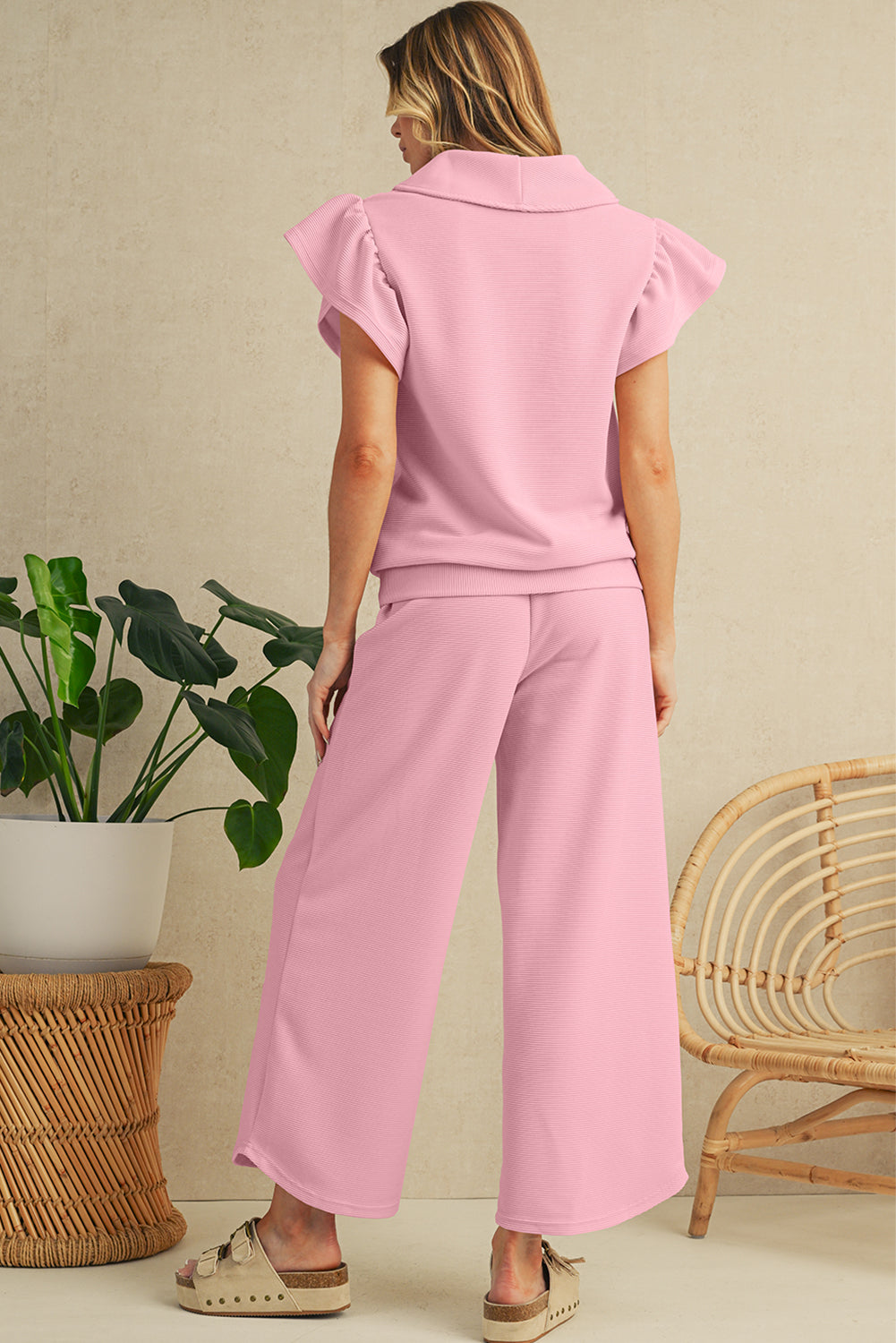 Pink Textured Ruffle Sleeve Zipped Top and Wide Leg Pants Set 1ded9bf695e2f720