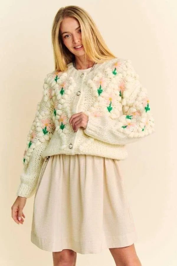 Davi & Dani Floral Pattern Button Down Cardigan Cream 1dedf0fc-5929-4080-87db-de5b9891d935-Max