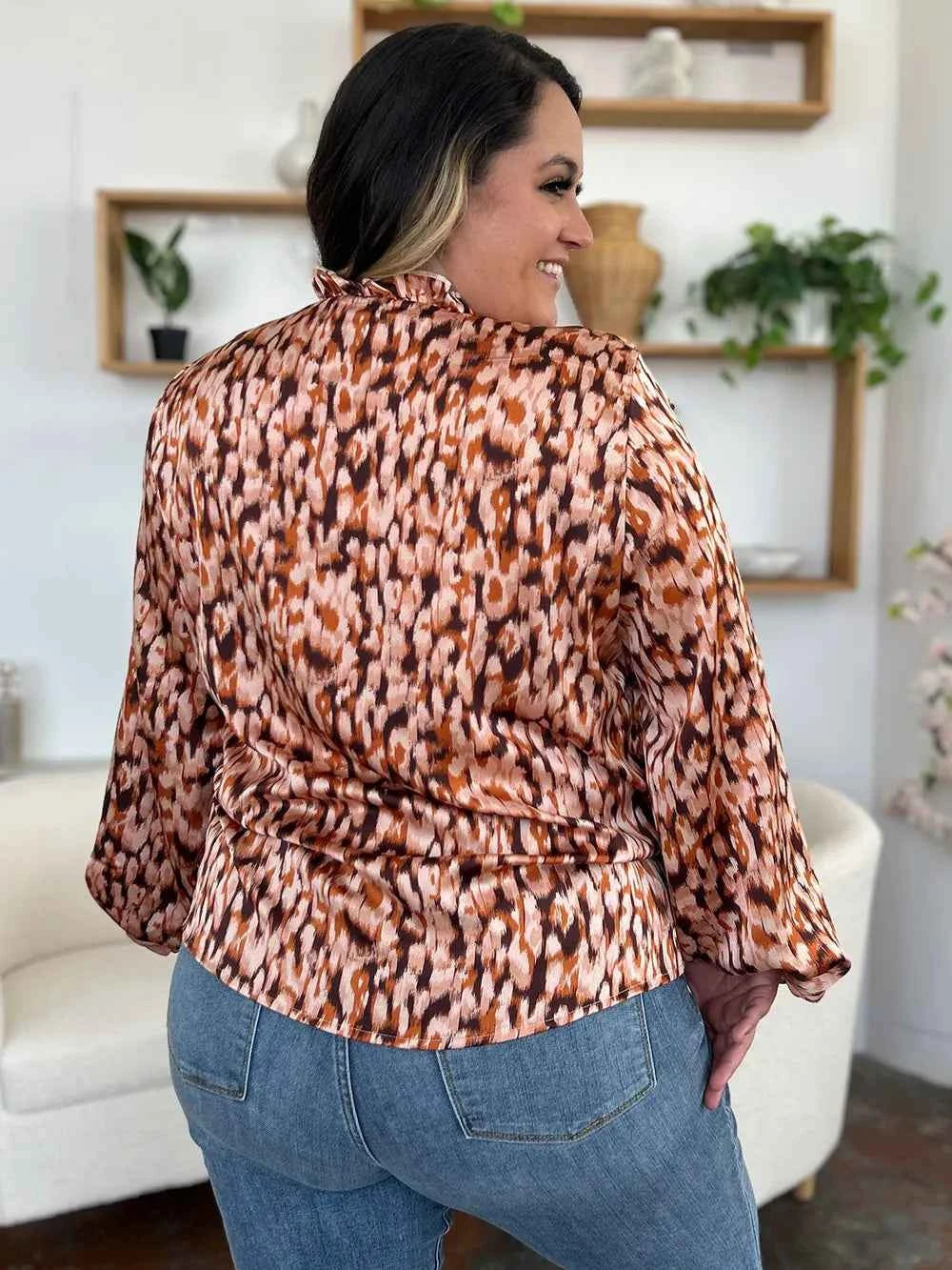 Double Take Full Size Printed Ruffle Trim Balloon Sleeve Shirt 1df28503-a333-4b2d-bd1f-8e7b110c889f-Max