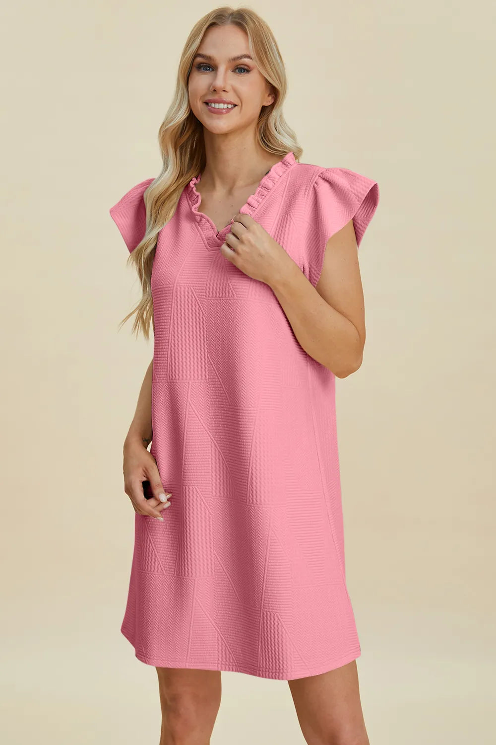Double Take Full Size Ruffled V-Neck Cap Sleeve Dress Blush Pink 1df4aaef-1b28-4d0c-aa1b-490e7bbc3e05-Max