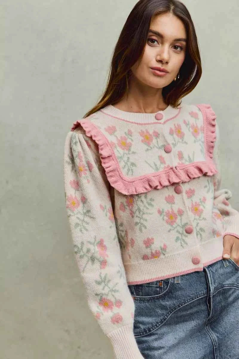 SO ME Flower With Ruffle Detailing Sweater Cardigan 1df5623fe7c34a3d8256a0cc8fa1c999-Max-Origin