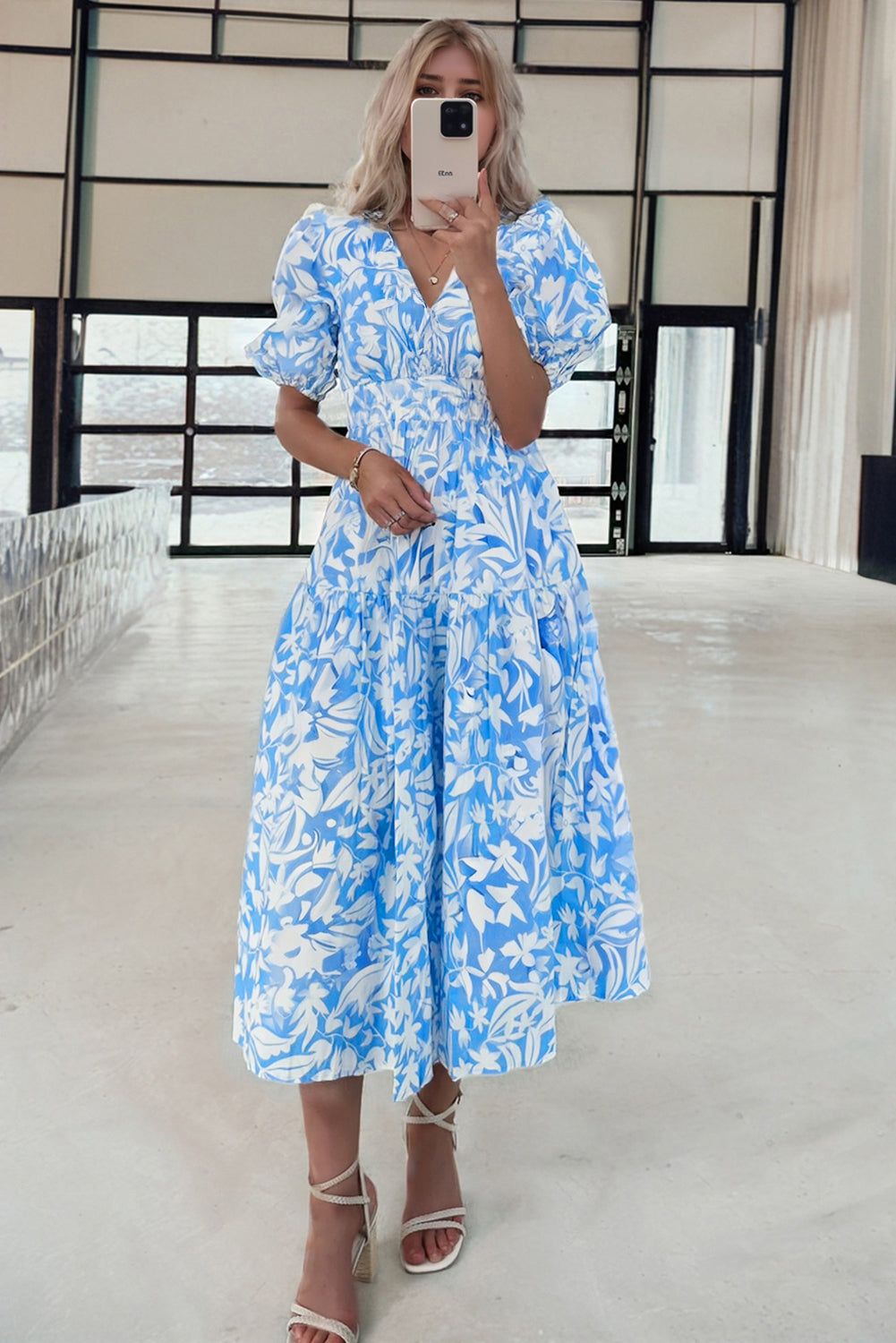 Sky Blue Floral Print Deep V Neck Puff Sleeve Flowy Dress 1df72811d8d3da0b