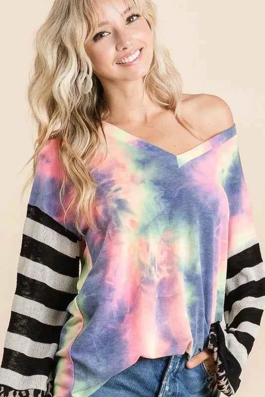 Tie Dye V Neck Top with Stripe Puff Sleeves 1df9daf7fe1944db95f2ffdd54b1df5d-Max-Origin