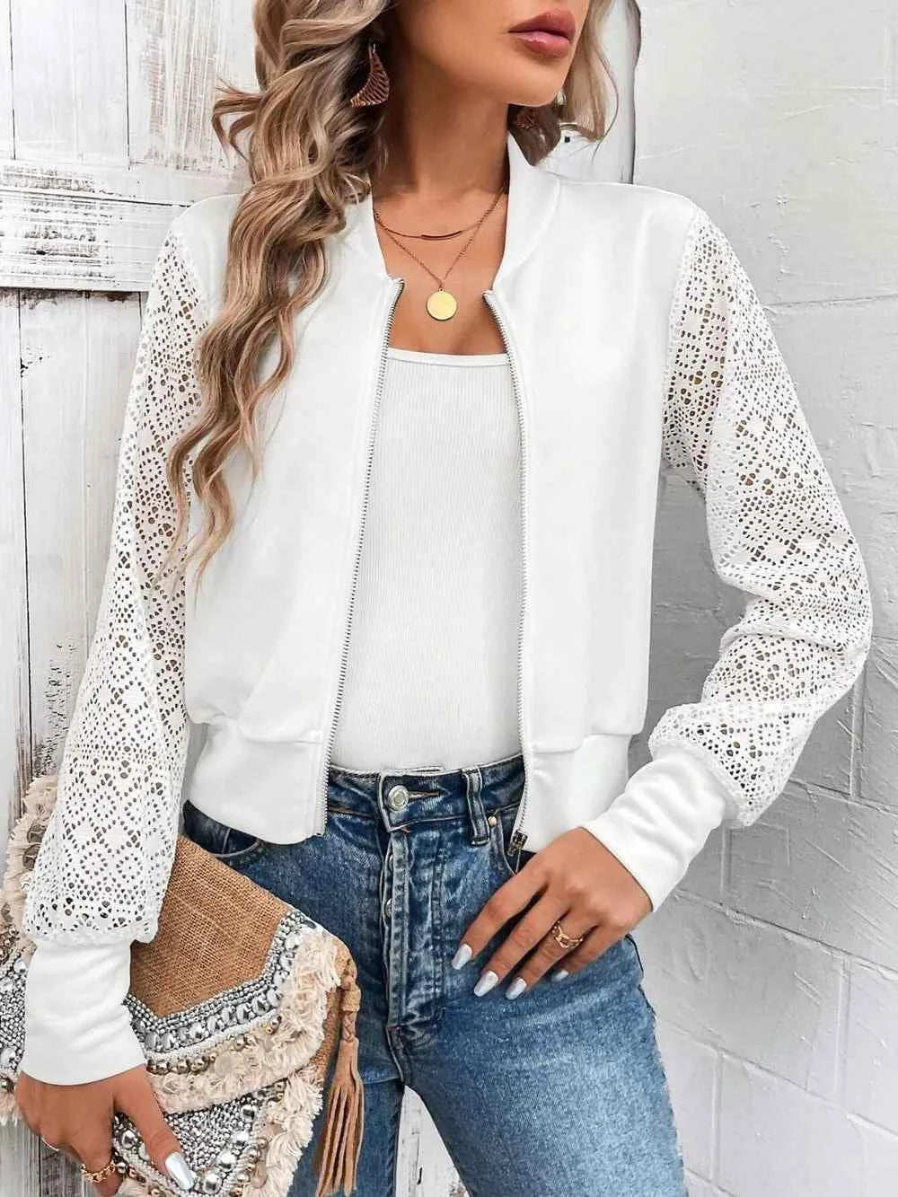 Baseball Collar Lace Patchwork Long Sleeve Jacket 1e00348b-d8b7-4d08-8332-faad6e6127fb-Max