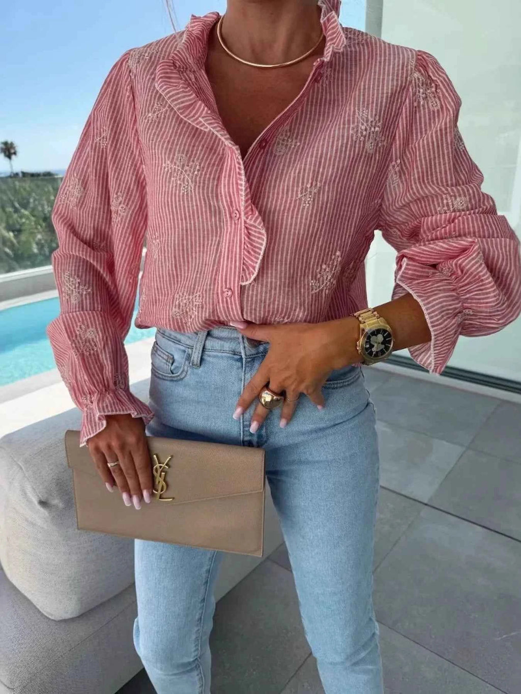 Button Up Flounce Sleeve Shirt Burnt Coral 1e008dbdcf83450099e4c05d0757d858-Max-Origin