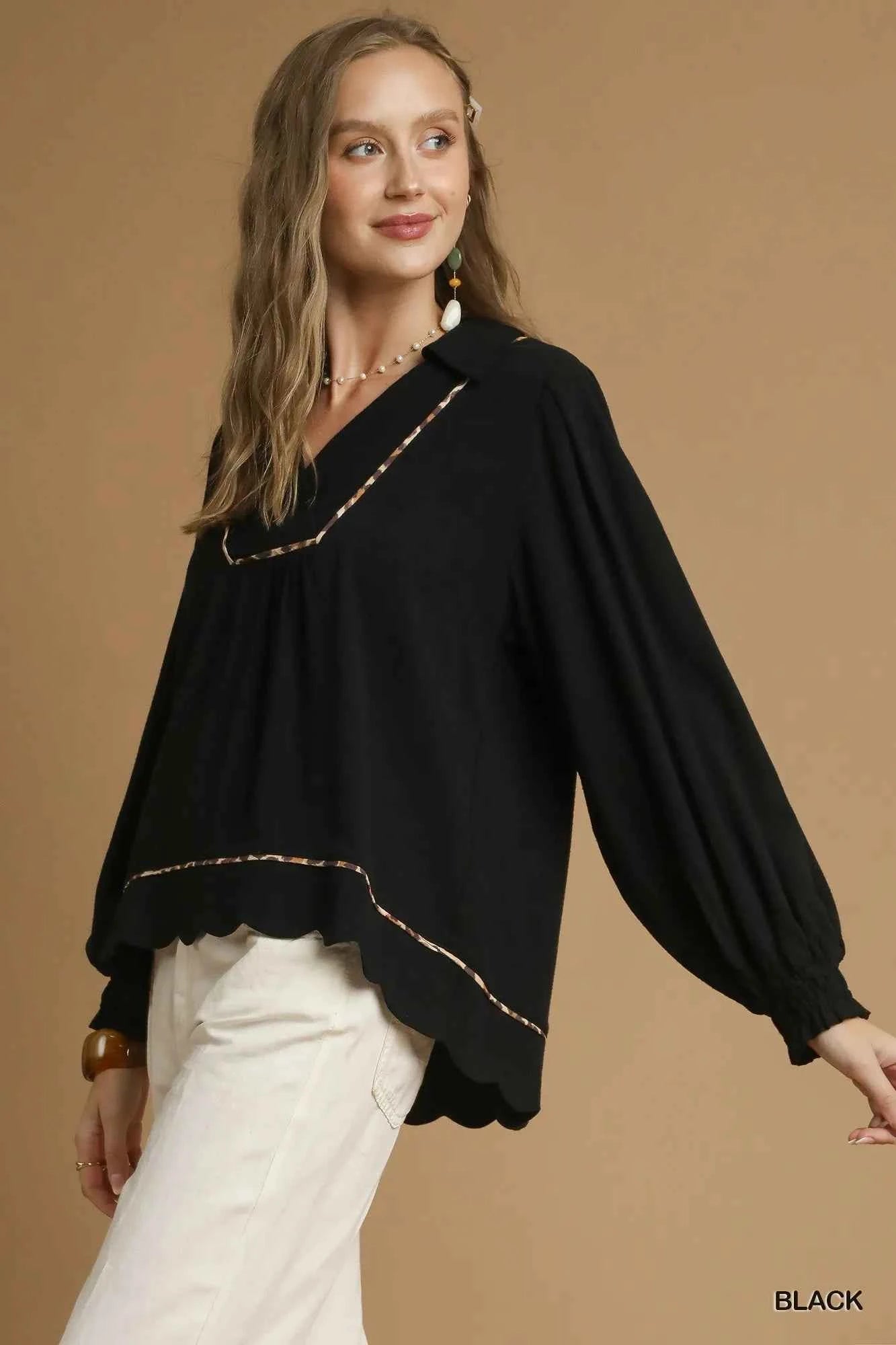 Umgee Full Size Linen Scallop Hem Blouse with Contrast Trim Plus Size 1e03debe-e9c6-48ec-b1df-653820354bc7-Max-Origin