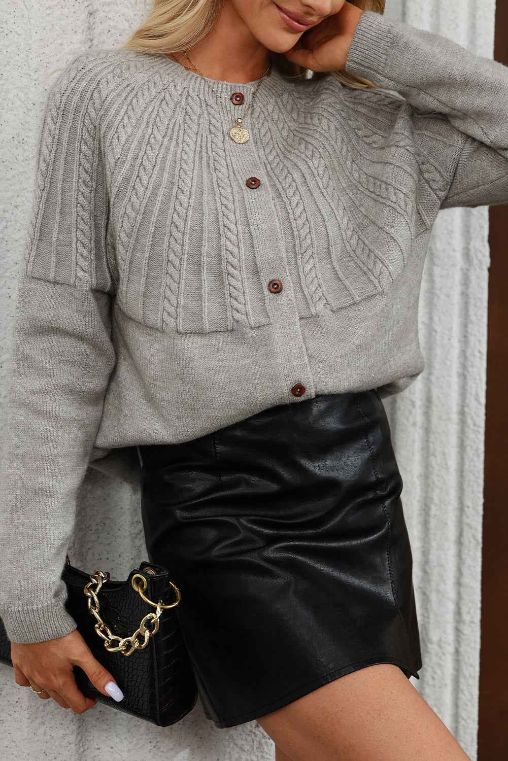 Black Solid Color Textured Detail Button Down Long Sleeve Sweater Cardigan 1e0c8b7ec780c6b7