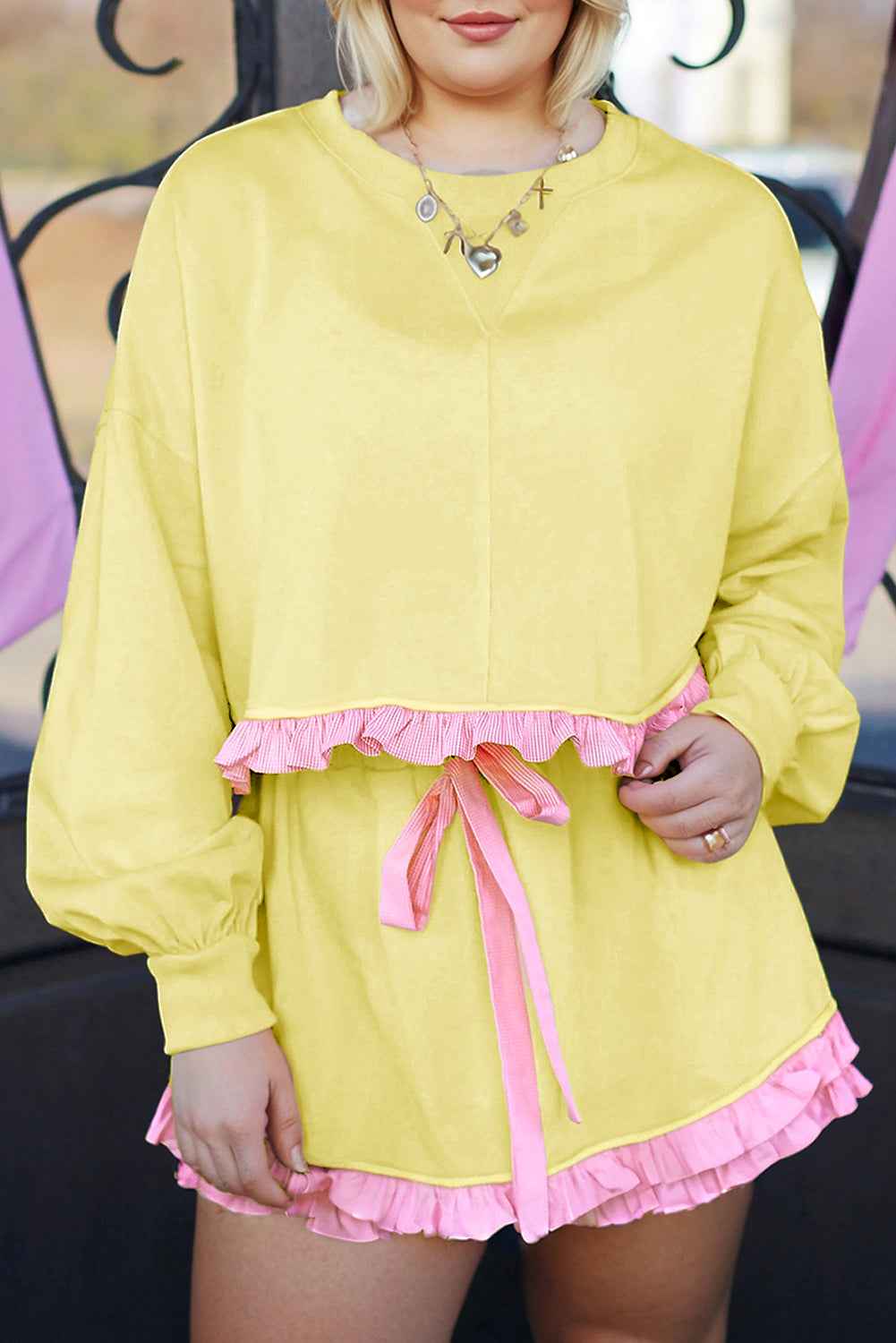 Yellow Ruffle Striped Hem Patchwork Pullover Top and Shorts Plus Size Set Yellow 80%Polyester+20%Cotton 1e0cc4a6b5db2a20