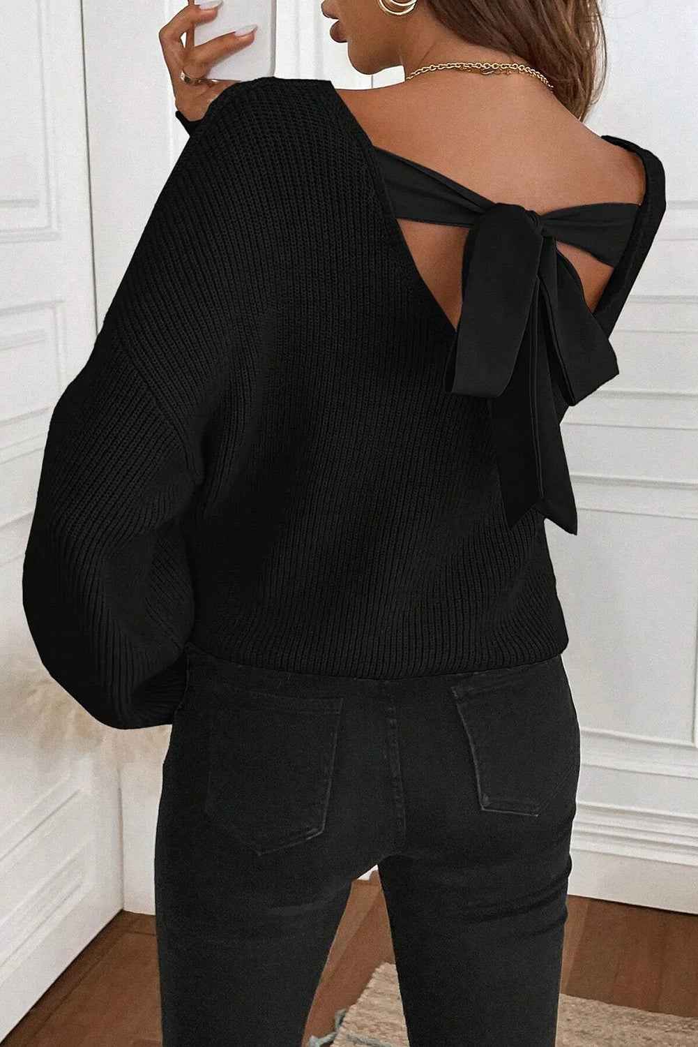 Red Dahlia Ribbed Knit Ribbon Knot Backless Drop Shoulder Sweater 1e1128cc0db2ca00