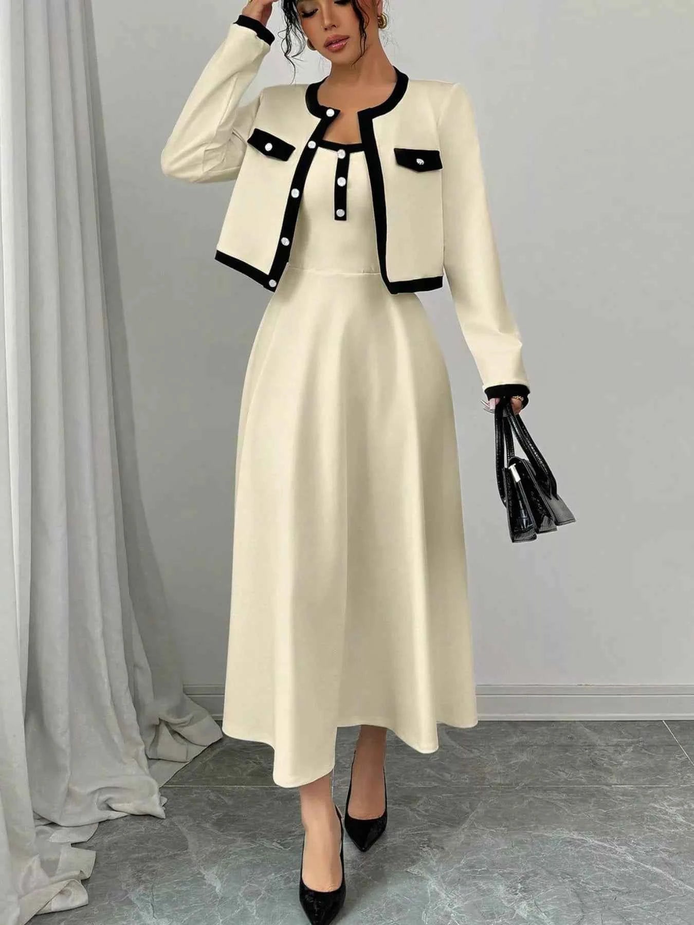 Contrast Trim Maxi Dress and Cropped Cardigan Set Cream 1e16fc05-6142-4feb-98fa-94970b4b0b75-Max-Origin
