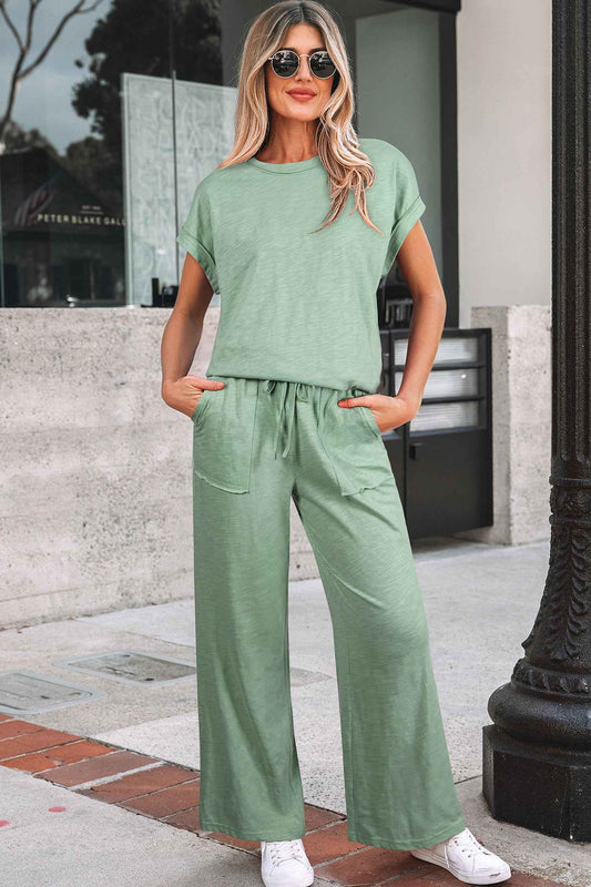 Canton Cuffed Short Sleeve Tee Raw Seam Patch Pocket Drawstring Pants Set Canton 65%Polyester+35%Cotton 1e17cd96bb25af90