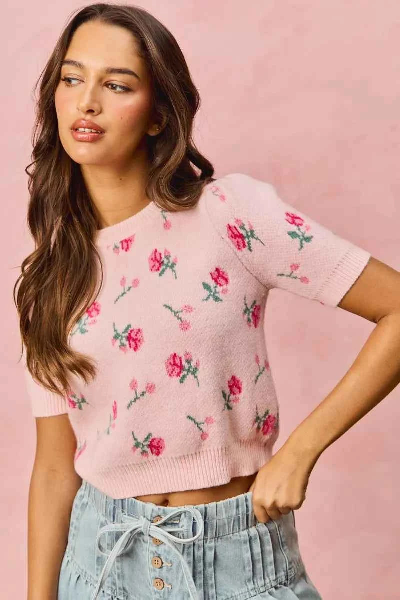 SO ME Floral Pattern Knit Puff Sleeves Sweater Top 1e1b36446d704c1c85b0d11de188d8d9-Max-Origin