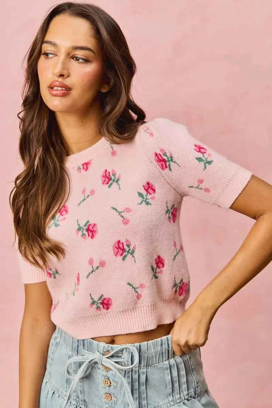 Floral Pattern Knit Puff Sleeves Sweater Top 1e1b36446d704c1c85b0d11de188d8d9-Max-Origin