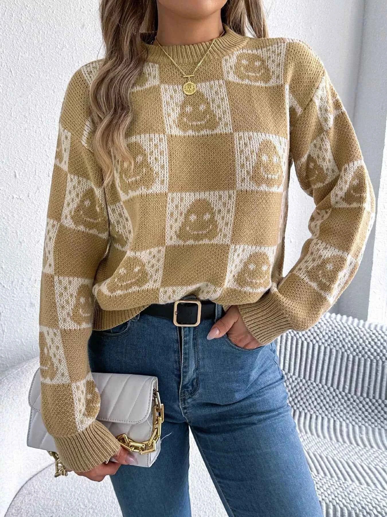 Halloween Ghost Pattern Checkered Round Neck Sweater 1e24ae6f75334a1c8888b9d40dfcbcd6-Max-Origin