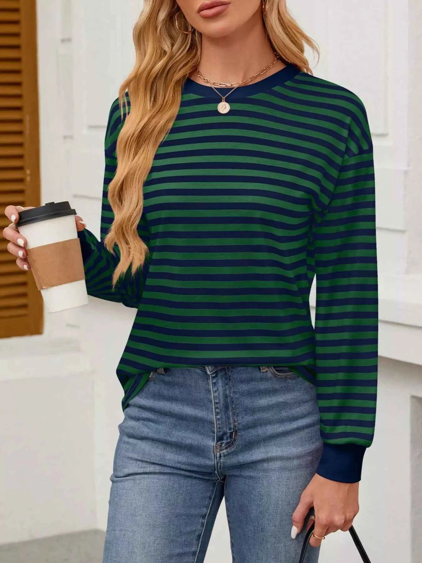 Striped Round Neck Long Sleeve T-Shirt Navy Blue 1e2600c7-269c-41ee-9adc-2c2e6e6b57fd-Max-Origin