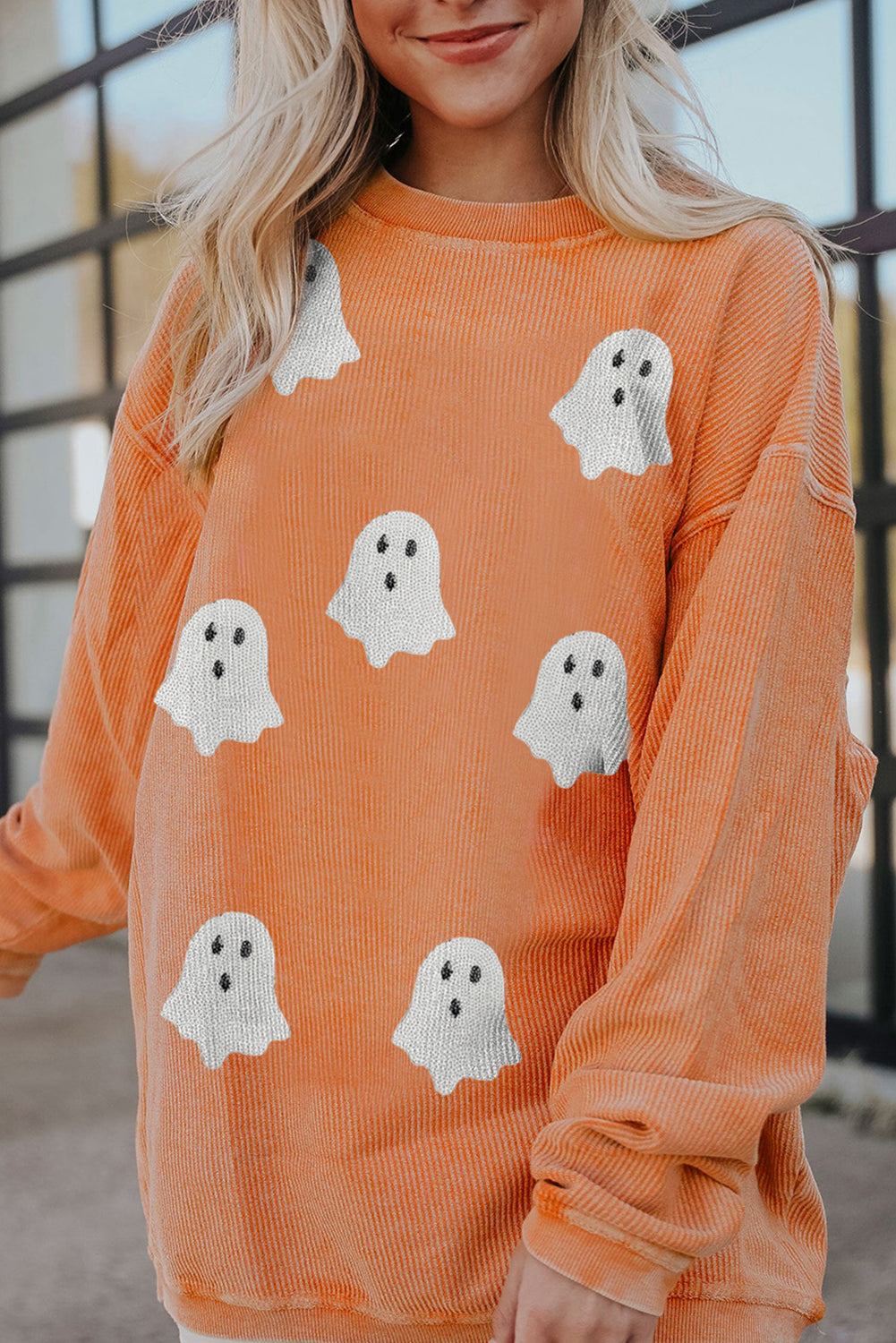 Orange Twisted Ribbed Texture Halloween Ghost Sequin Patched Sweatshirt 1e267f6414a0189e